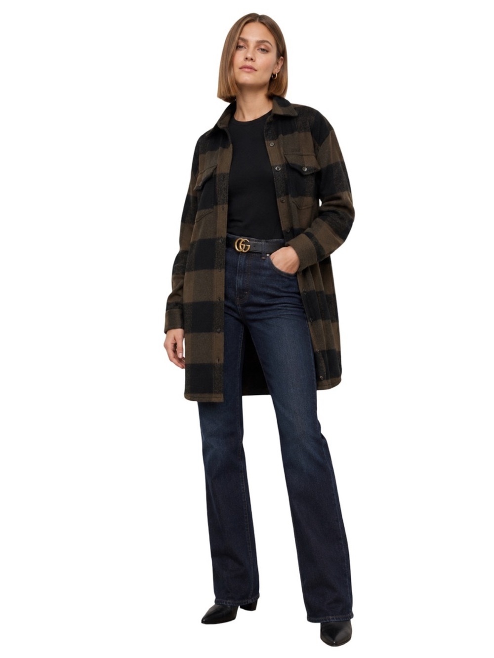 James Perse Wool Long Shacket XS Brown Black Buffalo Plaid Oversized Neutral